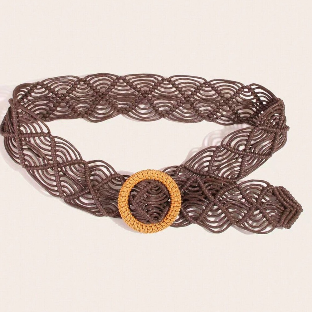 Handmade Rattan Braided Straw Circle Buckle Belt